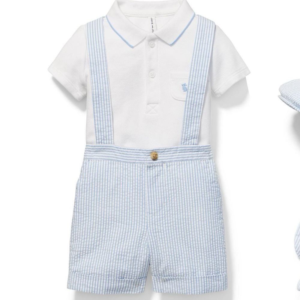 JANIE and JACK 2pc Outfit White Polo w/ Seersucker Shorts & Suspenders, 18-24m